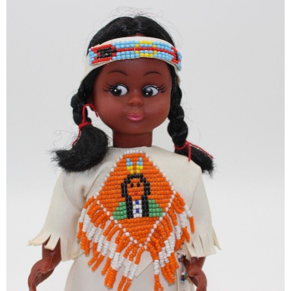Vintage Native American Indian Girl 11” Doll Bead Necklace And Headband Rare